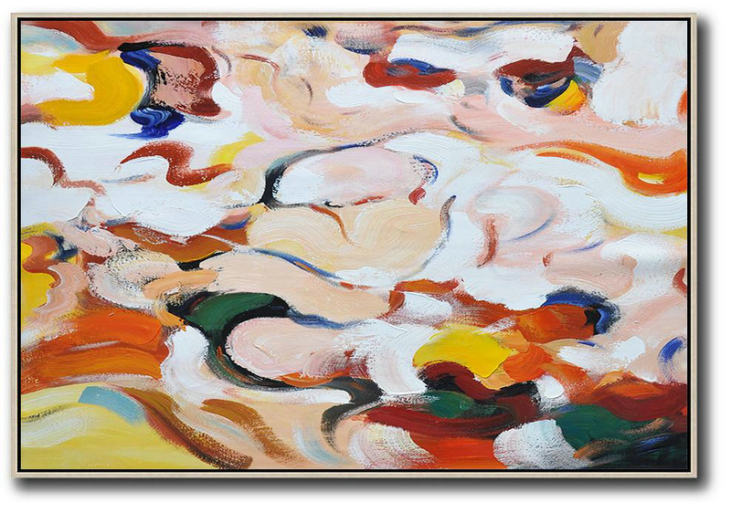 Oversized Horizontal Contemporary Art,Acrylic Painting On Canvas,White,Pink,Yellow,Red,Blue